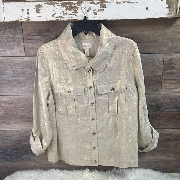 CHICO’S Women’s Gold Metallic Buttonup Linen Tab Sleeves Blouse Sz 1 Petite - Picture 2 of 7